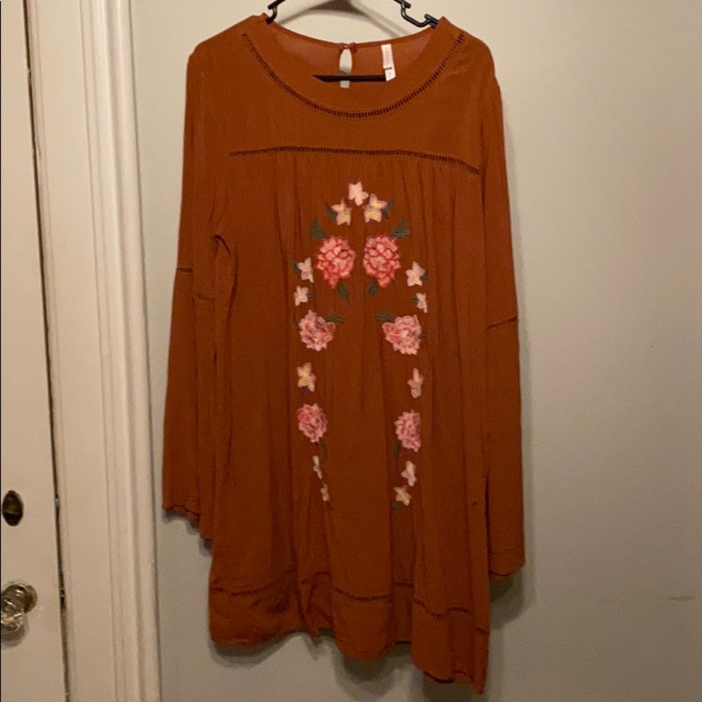 Burnt orange floral embroidered long sleeve dress
